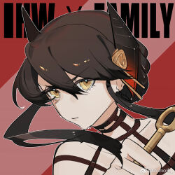 Rule 34 | 1girl, arknights, black dress, black hair, chinese commentary, closed mouth, cogimo, commentary request, cosplay, dagger, dress, english text, holding, holding dagger, holding knife, holding weapon, horns, ines (arknights), knife, looking at viewer, spy x family, upper body, watermark, weapon, weibo username, weibo watermark, yor briar, yor briar (cosplay)