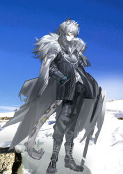 1boy animal_ear_fluff arknights black_jacket black_pants blue_sky boots coat collared_jacket commentary english_commentary full_body fur-trimmed_coat fur_trim grey_hair grey_tail hair_between_eyes hand_in_pocket highres infection_monitor_(arknights) jacket knee_boots long_bangs looking_down male_focus pants parted_lips plumw profile shirt short_hair silverash_(arknights) sky snow snow_leopard_ears snow_leopard_tail solo white_shirt