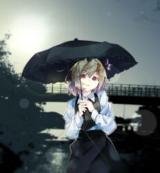 1girl black_skirt black_vest blonde_hair collared_shirt commentary commentary_request english_commentary gorilla_(bun0615) hair_ribbon highres holding holding_umbrella lens_flare long_sleeves looking_at_viewer medium_hair mixed-language_commentary open_mouth orange_eyes outdoors parasol red_ribbon ribbon rumia shirt skirt skirt_set solo sun touhou umbrella vest white_shirt