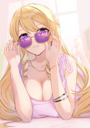 Rule 34 | 1girl, absurdres, bare arms, bare shoulders, barefoot, blonde hair, commentary, drill hair, drill sidelocks, genshin impact, hands up, highres, indoors, long hair, looking at viewer, lying, navia (genshin impact), no headwear, on stomach, parted lips, pink shirt, sazanka, shirt, sidelocks, sleeveless, sleeveless shirt, smile, solo, sunglasses, very long hair