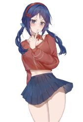 1girl absurdres blue_eyes blue_hair blue_skirt choker closed_mouth crazy_mita_(miside) crop_top finger_to_mouth flower_hairtie hairband head_tilt highres index_finger_raised long_hair long_sleeves looking_at_viewer low_twintails midriff miniskirt miside mita_(miside) pleated_skirt raiikkuu red_choker red_hairband red_shirt shirt simple_background skirt solo thighs twintails white_background