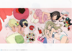 3girls 5pb. aqua_bloomers ass babydoll bed_sheet bird black_hair bloomers blue_babydoll blue_bow blue_ribbon blue_socks bow bow_hairband bracelet brown_hair cup daitoku_junna dark-skinned_female dark_skin donut dress feet food food_in_mouth frilled_dress frills fruit fruit_tart green_bloomers hair_bow hairband headband heart heart-shaped_pillow highres holding holding_food horizontal-striped_socks jewelry kneeling koujiro_frau lace_trim leg_warmers long_hair looking_at_viewer lying macaron multiple_girls navel nightgown notebook official_art on_bed on_shoulder on_side open_mouth parrot pillow pink_bow pink_nightgown pocky pocky_in_mouth ribbon ribbon_trim robotics;notes senomiya_akiho sleeveless sleeveless_dress smile socks spaghetti_strap stirrup_footwear stirrup_legwear stomach strawberry strawberry_tart striped_clothes striped_socks sweets tan tart_(food) tea teacup teeth thighhighs toeless_legwear toes tongue toy_robot underwear wagashi white_thighhighs wrist_cuffs yellow_nightgown yellow_socks