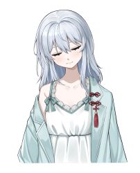 Rule 34 | 1girl, blush, closed eyes, closed mouth, coat, commentary request, cropped torso, green coat, grey hair, highres, indie virtual youtuber, long hair, nekomugi tororo, off shoulder, shirt, simple background, solo, virtual youtuber, white background, ziu