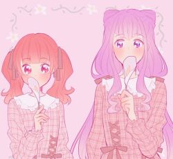 Rule 34 | 2girls, aisaki emiru, blunt bangs, blush, bow, brown bow, brown dress, collared dress, cone hair bun, covered mouth, cowboy shot, cross-laced clothes, cross-laced dress, dot nose, double bun, dress, eyelashes, floral background, flower, frilled dress, frilled sleeves, frills, grey bow, hair bow, hair bun, height difference, holding, holding flower, hugtto! precure, long hair, long sleeves, looking at another, low twintails, medium hair, multiple girls, nachuchoco, orange hair, pink background, plaid clothes, plaid dress, precure, puffy long sleeves, puffy sleeves, purple eyes, purple hair, red eyes, ruru amour, sidelocks, tareme, twintails, very long hair, waist bow, wavy hair, white flower