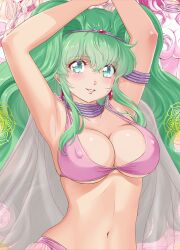 1girl absurdres arabian_clothes armlet arms_up bare_shoulders breasts cape cleavage commentary_request covered_erect_nipples dancer dress earrings green_eyes green_hair hair_censor hairband highres jewelry lakshu large_breasts long_hair looking_at_viewer midriff navel pants pink_pants see-through_cape smile solo_focus tenkuu_senki_shurato yoshinaga_masahiro