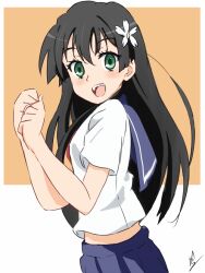 black_hair blue_sailor_collar blue_skirt blush breasts commentary_request flower green_eyes hair_flower hair_ornament long_hair looking_at_viewer ma-2_(konkon_kitakitsune) midriff_peek neckerchief open_mouth pleated_skirt red_neckerchief sailor_collar sakugawa_school_uniform saten_ruiko school_uniform serafuku shirt short_sleeves skirt small_breasts teeth toaru_kagaku_no_railgun toaru_majutsu_no_index upper_teeth_only white_flower white_shirt