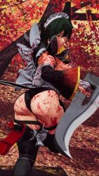 1girl 3d animated apron ass ass_focus ass_shake black_hair black_leotard blood blood_on_ass blood_on_breasts blood_on_clothes breasts butterfly_swords curvy fighting_stance forest highleg highleg_leotard highres holding holding_weapon huge_ass iroha_(samurai_spirits) jiggle jumping large_breasts leotard leotard_under_clothes lips looking_back looking_to_the_side maid maid_headdress nature samurai_spirits screencap shiny_skin short_hair skindentation snk solo sound thighhighs third-party_edit thong_leotard video weapon wide_hips