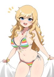 1girl absurdres bead_bracelet beads bikini blonde_hair blue_eyes blush bracelet breasts cleavage commentary_request cowboy_shot front-tie_bikini_top front-tie_top highres idolmaster idolmaster_cinderella_girls jewelry large_breasts long_hair looking_at_viewer multicolored_bikini multiple_bracelets navel notice_lines o-ring o-ring_top ohtsuki_yui open_mouth side-tie_bikini_bottom sidelocks simple_background smile solo striped_bikini striped_clothes swimsuit teeth thighs upper_teeth_only wavy_hair white_background zaza_(zahaoming)