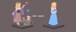 2girls aurora_(disney) aurora_(disney)_(cosplay) bare_shoulders barefoot bird black_vest blonde_hair blue_bird blue_dress braid brown_background brown_skirt character_name closed_mouth collarbone collared_shirt commentary_request cosplay crown_braid dress dual_persona expressionless flower gold_tiara grey_shirt hair_rings holding holding_flower log long_hair long_skirt long_sleeves love_live! love_live!_sunshine!! multiple_girls off-shoulder_dress off_shoulder ohara_mari outstretched_hand pixel_art pleated_skirt purple_shawl red_bird red_flower red_rose rose shadow shawl shirt simple_background single_hair_ring skirt sleeping_beauty squirrel standing tiara vest yellow_eyes yuurashia