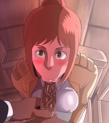 1boy 1girl :&gt;= animated bouncing_breasts breasts brown_eyes brown_hair clothes d-art dark-skinned_male dark_skin fellatio from_above hetero interracial jacket lewdheart looking_at_viewer looking_up medium_breasts moaning onyankopon_(shingeki_no_kyojin) open_clothes open_jacket oral penis_grab ponytail pov pov_crotch pov_hands sasha_blouse shingeki_no_kyojin sitting sound tagme video