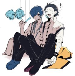 2boys arm_up bag black_hair black_pants black_shoes black_trim blue_eyes blue_hair blue_ribbon blue_shoes chibi chibi_inset closed_eyes collared_shirt commentary_request food food_in_mouth full_body hair_slicked_back headphones headphones_around_neck high_collar highres holding holding_food holding_popsicle hot jitome knees_up looking_at_another looking_to_the_side male_focus mochizuki_ryouji mole mole_under_eye multiple_boys neck_ribbon open_collar open_mouth pants parted_bangs persona persona_3 popsicle popsicle_in_mouth ribbon scarf shirt shoes short_hair short_sleeves side-by-side sitting sweat teeth teketeke_(tasutekete) tongue unworn_scarf upper_teeth_only white_background wing_collar yellow_scarf yuuki_makoto_(persona_3)