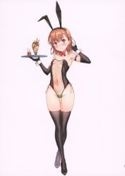 1girl 2022 20s absurdres animal_ears armpits bare_hips bare_shoulders blush breasts brown_eyes brown_hair cleft_of_venus closed_mouth collarbone covered_navel cup detached_collar elbow_gloves fake_animal_ears female_focus food full_body gloves gluteal_fold groin hair_ornament highres ice_cream ice_cream_cup isshi_pyuma leotard looking_at_viewer matching_hair/eyes misaka_mikoto navel pear-shaped_figure rabbit_ears scan see-through_clothes short_hair skindentation small_breasts solo standing stomach strapless strapless_leotard thigh_gap thighhighs toaru_kagaku_no_railgun toaru_majutsu_no_index tray white_background wrist_cuffs