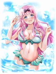 Rule 34 | 1girl, aqua bikini, artist name, bikini, black bow, blue eyes, blunt bangs, blush, bow, breasts, cleavage, collarbone, commentary request, cowboy shot, finger counting, front-tie bikini top, front-tie top, fujiwara chika, hair bow, highres, kaguya-sama wa kokurasetai ~tensai-tachi no renai zunousen~, large breasts, long hair, looking at viewer, navel, open mouth, pink hair, satya, smile, solo, stomach, swimsuit, w, water