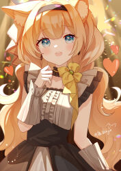 Rule 34 | 1girl, absurdres, animal ear fluff, animal ears, arm at side, black dress, black hairband, blue archive, blue eyes, blurry, blurry background, brown dress, buttons, cat ears, center frills, dress, earrings, frilled dress, frills, hairband, hand up, heart, highres, indoors, jewelry, layered dress, light blush, light particles, light rays, long hair, looking at viewer, mari (blue archive), mari (idol) (blue archive), non-circular lens flare, official alternate costume, open mouth, orange hair, sidelocks, signature, solo, teeth, two-tone dress, upper teeth only, very long hair, wavy hair, ximilulu
