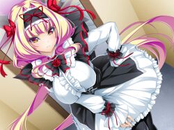Rule 34 | 1girl, azarin (kouyoku senki exs-tia), black bow, black hairband, black pantyhose, blonde hair, blush, bow, bowtie, breasts, center frills, closed mouth, corset, dress, dutch angle, floating hair, flower, frills, frown, game cg, gothic lolita, hair bow, hair intakes, hair ribbon, hairband, hand on own hip, indoors, inoino, kouyoku senki exs-tia, large breasts, layered skirt, leaning forward, lolita fashion, lolita hairband, long hair, long sleeves, looking at viewer, multicolored eyes, non-web source, official art, pantyhose, red bow, red flower, red ribbon, red rose, ribbon, rose, shirt, skirt, solo, standing, twintails, underbust, variant set, very long hair, white shirt, white skirt, yellow eyes