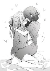 2girls barefoot blush braid clothes_lift commentary french_kiss greyscale half_up_braid highres kiss long_hair long_sleeves lwmina70119 miyagi_shiori monochrome multiple_girls open_mouth sendai_hazuki shirt shirt_lift short_hair short_sleeves shorts shuuniichido_classmate_wo_kau_hanashi sidelocks sweat tongue tongue_out yuri