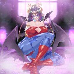 1girl bandai bare_shoulders black_hair black_wings blue_pantyhose blurry blurry_background boots breasts capcom cleavage cosplay darkstalkers demon_girl demon_horns demon_wings digimon digimon_(creature) eyeshadow facial_mark forehead_mark gerusyu highres horns huge_breasts leotard lilith_(darkstalkers) lilith_(darkstalkers)_(cosplay) lilithmon makeup monster_girl multiple_wings name_connection pantyhose pointy_ears purple_eyeshadow red_boots red_leotard short_hair solo thigh_boots wings