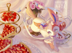 animal_focus artist_name blue_sclera blurry blurry_background bow bowtie closed_mouth colored_sclera cup drink ear_bow flower food fruit gen_6_pokemon head_tilt highres licking_lips looking_to_the_side nintendo no_humans pastry_server pie pie_slice pink_bow pink_bowtie pink_eyes pink_flower pink_rose pokemon pokemon_(creature) ribbon rose running saucer sidelighting solo strawberry sylveon tea teacup tiered_tray tongue tongue_out watermark white_ribbon yuhata_(yuh4t4)