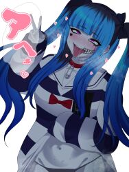 1girl amemiya_darumi black_bow black_hair black_panties blue_hair blush bow clothes_lift collar ear_piercing female_focus highres multicolored_hair navel panties peace_symbol piercing pink_eyes red_collar safety_pin saliva shirt shirt_lift solo striped_clothes striped_shirt sweat the_hundred_line_-last_defense_academy- the_hundred_line_last_defense_academy tongue tongue_out twintails underwear upper_body white_background