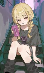 1girl :3 alternate_costume amashi_2278 black_socks blonde_hair blush braid can collarbone commentary_request drinking_straw fingernails fujita_kotone gakuen_idolmaster grey_shirt happy_birthday highres holding holding_can idolmaster knees_together_feet_apart light_smile long_hair looking_at_viewer loose_socks monster_energy no_pants outdoors shirt short_sleeves sitting sitting_on_stairs socks solo stairs twin_braids yellow_eyes