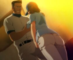 1boy 1girl age_difference akane_wa_tsumare_somerareru ass bare_arms black_eyes black_hair breasts bulge cheating_(relationship) coach erection erection_under_clothes grabbing_another&#039;s_breast groping hat highres large_breasts nanao_akane netorare older_man_and_younger_girl older_man_and_younger_girl pervert red_hair sexual_harassment short_hair sportswear takeda_hiromitsu thighs