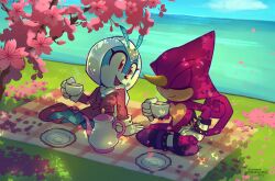 1boy 1girl antennae blue_skin chameleon_tail cherry_blossoms closed_eyes colored_skin cup day espio_the_chameleon flower furry furry_female furry_male gloves grass highres holding holding_cup jacket jewel_the_beetle looking_at_another nek0platinum open_mouth outdoors picnic_blanket pink_eyes pink_flower pink_jacket pink_shoes pink_skin pink_skirt pink_tail saucer shoes skirt sonic_(series) tail teacup teapot water white_gloves