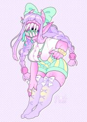 1girl bow braid breasts claws collared_shirt colored_skin colored_tongue commentary english_commentary full_body ghoulkiss green_bow green_shorts green_tongue hair_bow heart horns impossible_clothes large_breasts long_hair long_sidelocks monster_girl no_eyes no_shoes original pastel_colors pink_skin plump pointy_ears purple_hair purple_thighhighs scrunchie sharp_teeth shirt shorts sidelocks solo standing stretch_marks striped_clothes striped_shorts suspenders teeth thick_thighs thighhighs thighs twin_braids vertical-striped_clothes vertical-striped_shorts very_long_sidelocks white_bow white_shirt wrist_scrunchie yami_kawaii yellow_shorts