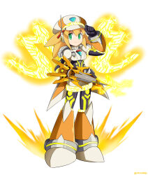 Rule 34 | 1girl, absurdres, arm up, armor, armored boots, aura, black bodysuit, bodysuit, boots, chest jewel, circuit board, closed mouth, commentary, commission, electricity, english commentary, full body, glowing bodysuit, green eyes, grey armor, hair between eyes, hat, headphones, headset, highres, holding, holding weapon, jeweled hat, joints, knee boots, knee pads, lightning, long hair, looking at viewer, m11xgirby, mechanical arms, mechanical boots, mechanical legs, mega man (series), mega man legends (series), mega man x (series), mega man x dive, radio antenna, robot joints, roll caskett (mega man), short sleeves, shorts, shoulder armor, sidelocks, simple background, smile, solo, spiked hair, standing, weapon, white background, yellow armor, yellow hat
