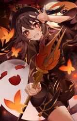 Rule 34 | 1girl, boo tao (genshin impact), flower-shaped pupils, genshin impact, highres, hu tao (genshin impact), inana, red eyes, smile, solo, staff of homa (genshin impact), symbol-shaped pupils, twintails