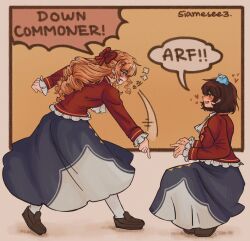 2girls blonde_hair blue_dress blue_eyes blush brown_hair claire_francois comic_panel_redraw derivative_work down_boy!!_(meme) dress english_text from_side full_body heart highres jacket lapels long_hair meme multiple_girls notched_lapels pantyhose pointing pointing_down profile rae_taylor red_jacket redrawn school_uniform short_hair speech_bubble squatting t4yl0r712 v-shaped_eyebrows watashi_no_oshi_wa_akuyaku_reijou yuri