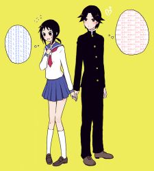 00s 1boy 1girl akota bad_id bad_pixiv_id black_hair couple gakuran holding_hands hetero kaga_ai kino_kuniya sayonara_zetsubou_sensei school_uniform serafuku