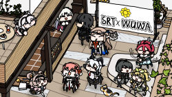 1boy 6+girls bag black_flower black_hair black_horns black_jacket blake_bloom_(wuthering_waves) blonde_hair brown_hair cafe camellya_(wuthering_waves) carlotta_(wuthering_waves) cartethyia_(wuthering_waves) cat changli_(wuthering_waves) ciaccona_(wuthering_waves) closed_mouth commentary crown_of_thorns cup curled_horns disposable_cup dress drinking drinking_straw drinking_straw_in_mouth dual_persona english_commentary female_rover_(wuthering_waves) flower hair_flower hair_ornament hand_up highres holding holding_bag holding_cup horns indoors jacket lumi_(wuthering_waves) male_rover_(wuthering_waves) multiple_girls musical_note necktie official_art pink_hair pink_jacket pointy_ears red_necktie rover_(wuthering_waves) second-party_source seseren smile tree_horns verina_(wuthering_waves) white_dress white_hair wuthering_waves zani_(wuthering_waves)