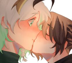 2girls ahoge animal_ears black_shirt braid brown_hair cecilia_immergreen closed_eyes closed_mouth commentary english_commentary gigi_murin green_hair green_sweater highres hololive hololive_english kemi_palitogay kiss multicolored_hair multiple_girls shirt side_braid simple_background streaked_hair sweater turtleneck turtleneck_sweater virtual_youtuber white_background white_hair yuri