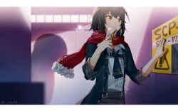 Rule 34 | 1boy, absurdres, black hair, black jacket, black pants, blurry, blurry background, card, collared shirt, depth of field, dress shirt, flower, flower trim, hair ribbon, highres, holding, holding card, indoors, jacket, keycard, male focus, mashiro meme, mashiro meme (1st costume), nijisanji, ninahachi, open clothes, open jacket, pants, parted lips, red eyes, red ribbon, red scarf, ribbon, scarf, scp foundation, shadow, shirt, solo, twitter username, two side up, virtual youtuber, white flower, white shirt