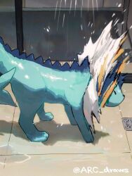 Rule 34 | animal focus, arc draws, artist name, blue skin, closed eyes, colored skin, commentary, fins, forked tail, gen 1 pokemon, head fins, highres, indoors, nintendo, no humans, pokemon, pokemon (creature), shaking, shower (place), showering, tail, twitter username, vaporeon