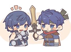 2boys blue_eyes blue_hair brand_of_the_exalt cape chibi chrom_(fire_emblem) commentary_request cropped_torso fire_emblem fire_emblem:_path_of_radiance fire_emblem_awakening headband highres holding holding_sword holding_weapon ike_(fire_emblem) male_focus multiple_boys nintendo nyo02921978 ragnell short_hair simple_background sword weapon