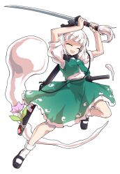 1girl :d ^_^ arms_up black_bow black_bowtie black_shoes blunt_bangs bow bowtie closed_eyes collared_shirt commentary_request dairi frilled_skirt frills full_body green_skirt green_vest holding holding_sword holding_weapon katana konpaku_youmu konpaku_youmu_(ghost) large_variant_set mary_janes open_mouth shirt shoes short_hair short_sleeves skirt skirt_set smile socks solo standing standing_on_one_leg sword tachi-e touhou variant_set vest weapon white_hair white_shirt white_socks