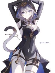 1girl animal_ear_fluff animal_ears animal_hood armpits arms_up belt black_leotard blue_eyes breasts cat_ears cat_girl cat_hood cat_tail cipher_(honkai:_star_rail) grey_hair hashtag-only_commentary highres holding holding_with_tail honkai:_star_rail honkai_(series) hood hooded_leotard key large_breasts leotard looking_at_viewer nani_miteru0 prehensile_tail short_hair_with_long_locks simple_background smile solo tail thigh_belt thigh_strap thighs twitter_username white_background