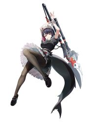 1girl absurdres apron arms_up belt black_dress black_hair black_pantyhose black_shoes breasts brown_belt commentary dress ellen_joe fins fish_tail frilled_dress frills full_body ginlear hairband highres holding holding_weapon looking_at_viewer maid maid_headdress metal_hairband metal_wrist_cuffs mole mole_under_eye multicolored_hair pantyhose pink_hair puffy_short_sleeves puffy_sleeves red_eyes shark_girl shark_tail shears shoes short_sleeves simple_background solo tail two-tone_hair waist_apron weapon white_apron white_background zenless_zone_zero
