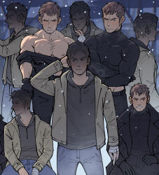 Rule 34 | 2boys, bandaged hand, bandages, bara, black coat, black gloves, black hoodie, black pants, blonde hair, blue pants, brown hair, brown jacket, chris redfield, closed mouth, coat, ethan winters, gloves, highres, hood, hood down, hoodie, jacket, kalamari, large pectorals, male focus, multiple boys, multiple views, muscular, muscular male, nipples, open clothes, open coat, open jacket, pants, pectorals, resident evil, resident evil village, short hair, undressing, yaoi