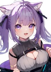 1girl :3 animal_ear_fluff animal_ears bare_shoulders blush breasts cat_ears cat_girl cleavage cleavage_cutout clothing_cutout grey_sweater highres hololive klopsiak large_breasts long_hair nekomata_okayu nekomata_okayu_(8th_costume) open_mouth purple_eyes purple_hair simple_background sleeveless sleeveless_sweater solo sweater twintails upper_body virtual_youtuber white_background
