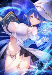 1girl absurdres alyssa_(specktech) blue_eyes blue_hair blush book borrowed_character breasts commentary commission elbow_gloves english_commentary garter_straps gloves hat highres holding holding_book large_breasts long_hair looking_at_viewer magic navel original panties phantasy_star phantasy_star_online_2 pointy_ears second-party_source skeb_commission smile solo standing thighhighs thighs underwear white_garter_straps white_gloves white_hat white_panties white_thighhighs witch_hat yuasa_akira