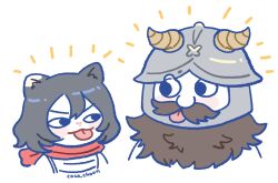 1boy 1girl :p beard black_hair blush brown_hair cat_girl chibi coco_choon cropped_torso dungeon_meshi dwarf eye_contact facial_hair fake_horns happy_aura helmet highres horned_helmet horns izutsumi long_beard looking_at_another mustache senshi_(dungeon_meshi) thick_mustache tongue tongue_out very_long_beard
