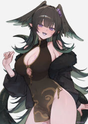 1girl :d absurdres black_coat black_dress black_hair black_wings breasts character_request china_dress chinese_clothes cleavage cleavage_cutout clothing_cutout coat commentary_request copyright_request covered_navel dress fur-trimmed_coat fur_trim hair_ornament hair_scrunchie head_wings highres large_breasts long_hair looking_at_viewer open_mouth pointy_ears purple_eyes purple_scrunchie scrunchie simple_background sleeveless sleeveless_dress smile solo sooon standing thighs tongue underboob_cutout white_background wings