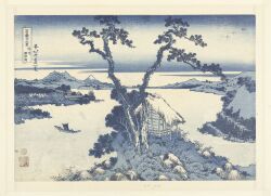 absurdres blue_sky boat border castle fine_art_parody gradient_sky highres hokusai japan japanese_text lake monochrome mount_fuji mountain mountainous_horizon nihonga no_humans original parody sky snow thatched_roof thirty-six_views_of_mount_fuji traditional_media tree ukiyo-e volcano water watercraft white_border
