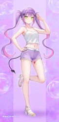 1girl absurdres alternate_costume armpit_crease bare_legs bare_shoulders breasts bubble closed_mouth collarbone commentary_request demon_tail dolphin_shorts ear_piercing earclip fingernails green_eyes green_nails hair_ornament hairclip hand_on_own_hip heart heart_tattoo highres hololive leg_tattoo legs long_hair midriff multicolored_hair nail_polish navel navel_piercing piercing pink_background pink_hair pink_lips pink_nails pink_shorts purple_hair revision salute sandals shoes shorts side_slit side_slit_shorts smile solo spiked_ear_piercing standing standing_on_one_leg stomach strappy_heels tail tank_top tattoo thighs toenail_polish toenails toes tokoyami_towa twintails twitter_username two-tone_hair virtual_youtuber wajuniorbox white_shoes white_tank_top