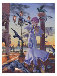 1girl all_day_long aria_(manga) aria_company_uniform bird blue_sky blush capelet closed_eyes cloud cloudy_sky dress full_body gloves gold_trim gradient_sky hair_tubes highres holding impossible_clothes impossible_dress lamppost long_dress long_sleeves mizunashi_akari orange_skirt outdoors pantyhose parted_bangs pigeon pink_hair short_hair_with_long_locks single_glove sketch skirt sky solo sunset venice white_capelet white_gloves