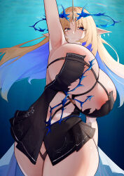 1girl absurdres alternate_breast_size areola_slip arm_up armpits black_dress blonde_hair blue_eyes breasts commentary_request cowboy_shot crown_of_thorns dress fleurdelys_(wuthering_waves) floating_hair highres horns huge_breasts jiang_(kplrt_07) long_hair paid_reward_available partial_commentary pointy_ears short_dress single_horn variant_set wide_hips wuthering_waves