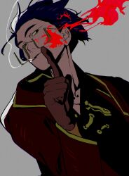 Rule 34 | 1boy, black eyes, black hair, black shirt, blood, blood on face, blood splatter, coat, collarbone, colored sclera, grey background, hair slicked back, hand up, highres, index finger raised, lei heng (project moon), limbus company, looking at viewer, male focus, meursault (project moon), project moon, red coat, shirt, smoking, solo, stray hair, upper body, yellow sclera, yongsadragon