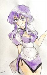 apron blush breasts cleavage cleavage_cutout clothing_cutout cowboy_shot earrings fire_emblem fire_emblem:_genealogy_of_the_holy_war frilled_apron frills highres jewelry larcei_(fire_emblem) looking_at_viewer maid_apron menu nintendo nukunukuhigepen purple_hair purple_tunic short_hair short_sleeves side_slit sidelocks smile tomboy traditional_media tunic white_background